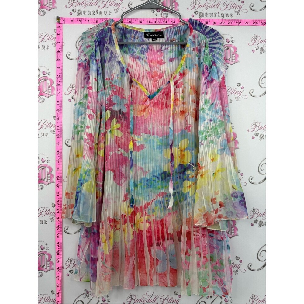 Creation mini dress or long top pleats flowers Multicolor Floral Pleated Tunic